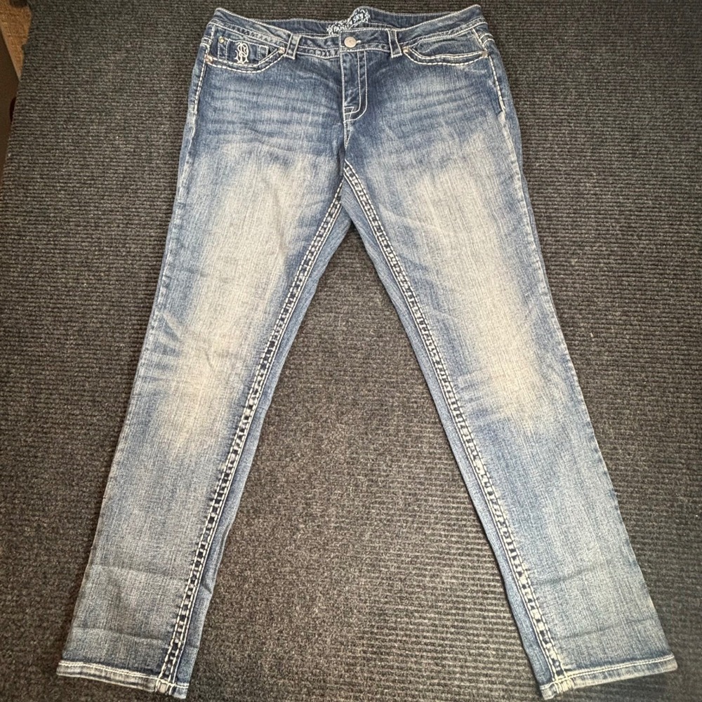 Paisley Sky Womens Straight Leg Jeans Blue Embroidered Studded Pockets Size‎ 16